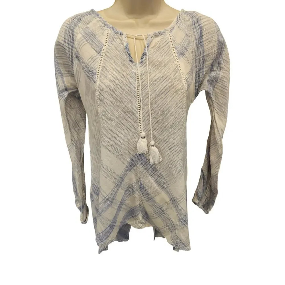 SUNDANCE XS Blue White Plaid Eyelet Pullover Boho Cotton Long Sleeve Top EUC - Picture 1 of 7
